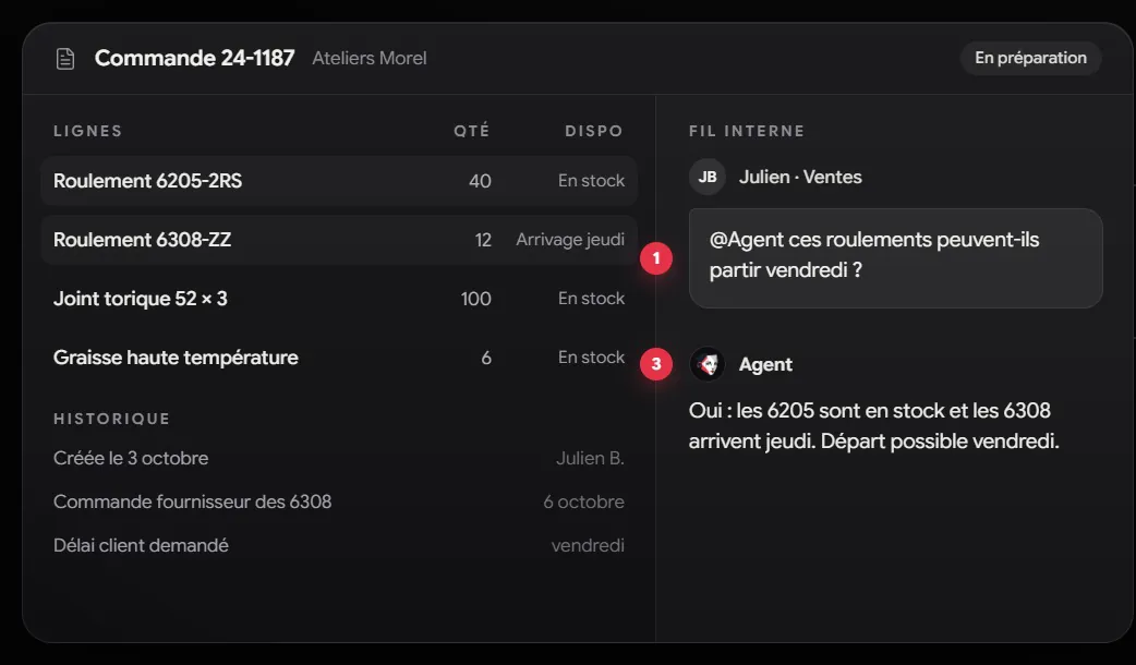 Fil d’une commande dans un ERP : un technico-commercial interroge l’agent et sa réponse s’affiche juste dessous