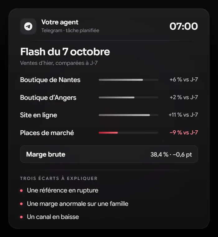 Flash ventes de la veille envoyé sur Telegram à 7 h, avec les ventes de chaque boutique et canal, la marge et trois écarts à expliquer
