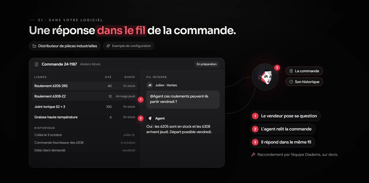 La réponse de l'agent publiée dans le fil interne d'une commande de l'ERP, sous la question d'un vendeur sur des roulements