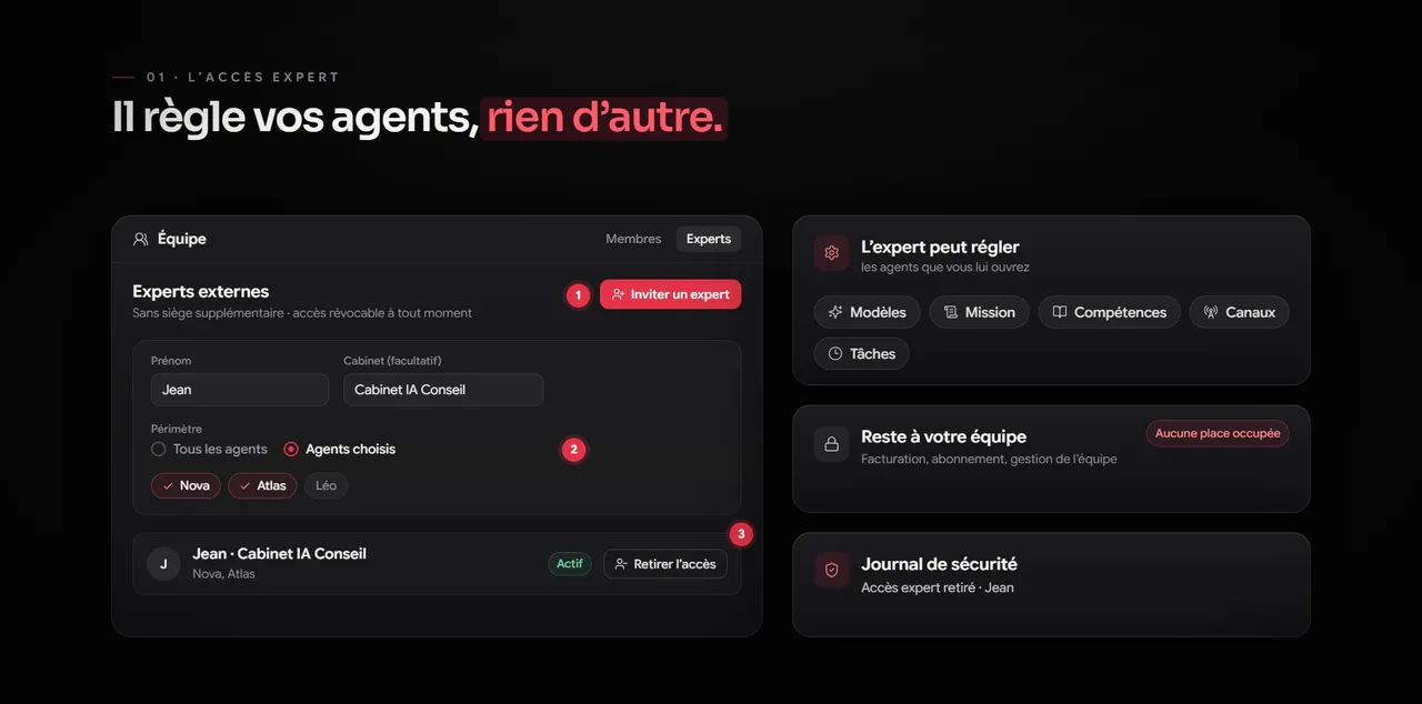 Invitation d'un expert IA dans Diadems, avec le choix des agents qui lui sont confiés, ce qu'il peut régler, ce qui reste à votre équipe et le journal de sécurité