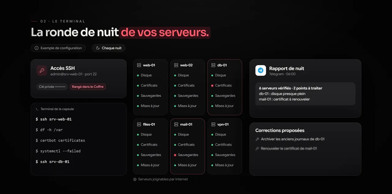 Rapport nocturne de l'état de six serveurs envoyé sur Telegram par un agent IA, avec les corrections proposées